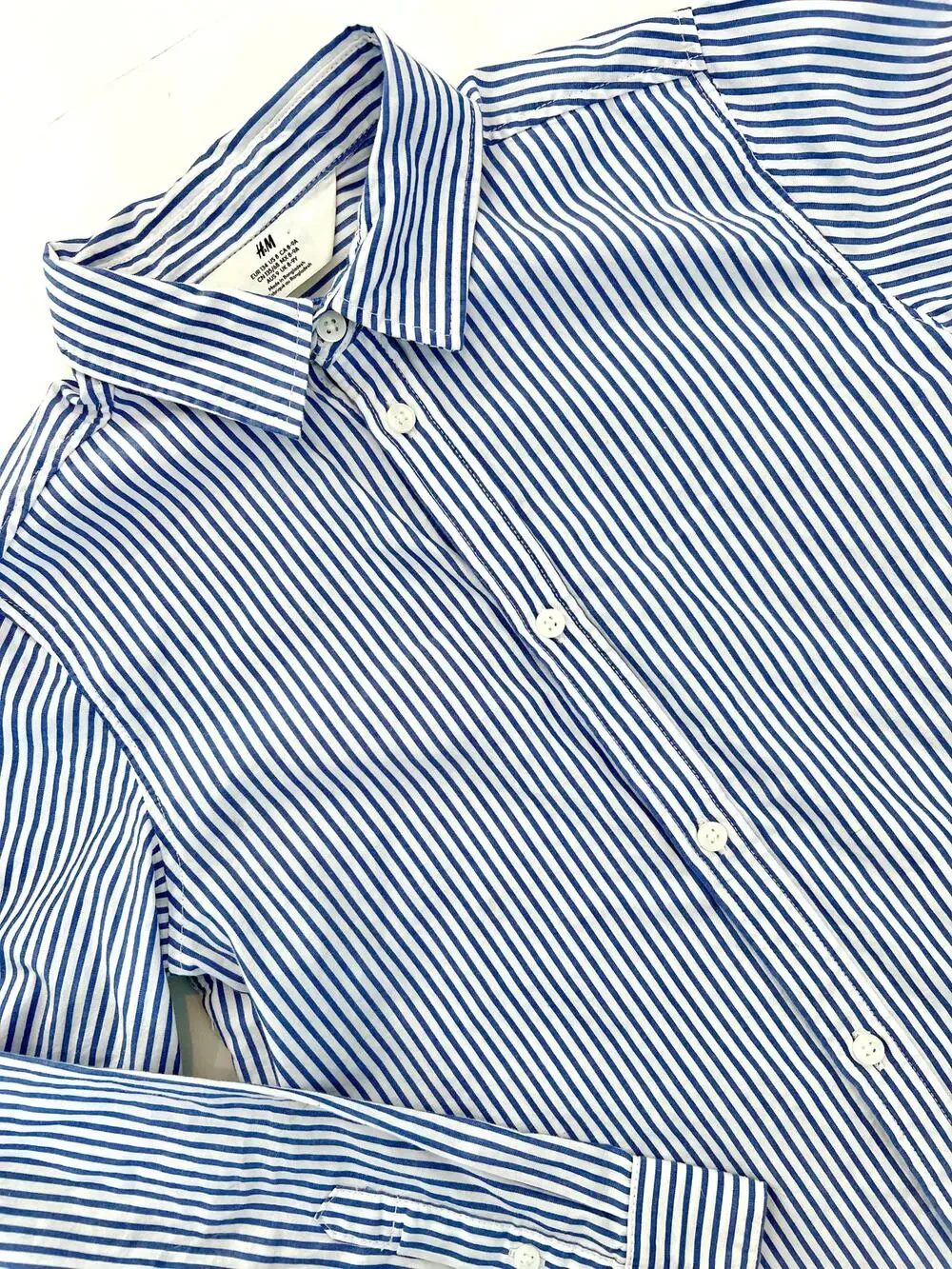 Kids Blue & White Striped Long Sleeve Cotton Button Down Woven Shirt - Preowned